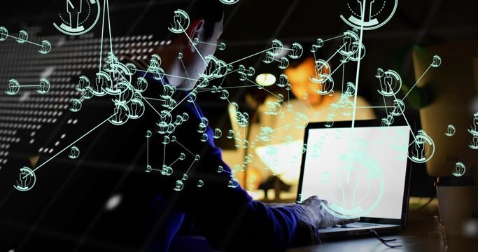 Dev typing on laptop, causing teal nodes overlaying figure and code forming map for data analysis