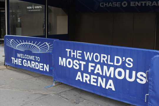 A metal pedestrian barrier outside of Madison Square Garden in Manhattan part of New York City