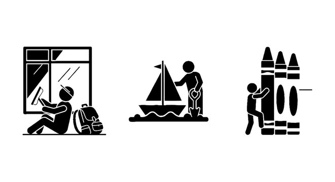 Black and white icons of reading sailing and skiing activities.