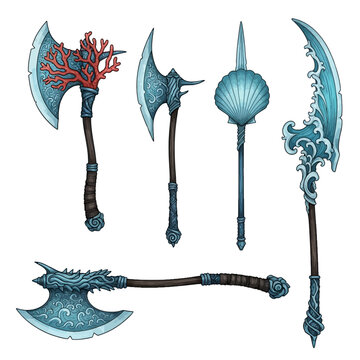 Fantasy oceanic weapon collection with detailed hatchet vector designs, ornate axes, and aquatic polearms, ideal for mythical game assets or adventure illustrations