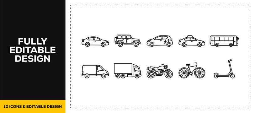 flat vector illustration line art icon bundle set design representing vehicle types transportation cars delivery vans motorcycles and public transit graphics for web UI