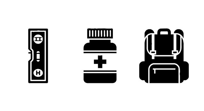 Black icons of game controller battery and backpack.
