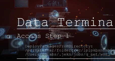 Cmd starting Data Terminal and Access Step 1 animating HUD drifting paths scrolling showing access © vectorfusionart
