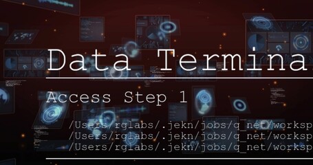 Cmd starting Data Terminal and Access Step 1 animating HUD drifting paths scrolling showing access © vectorfusionart