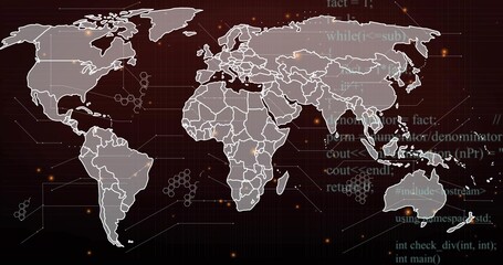 Americas outline appearing, pale map filling screen, drawing borders and pulsing nodes to show data © vectorfusionart