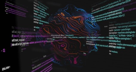 On play neon sculpture rotating while code panels sliding, scrolling forming face to show tech flow © vectorfusionart