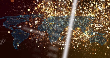 Stylized world map being revealed by white beam and golden particles, showing global data © vectorfusionart