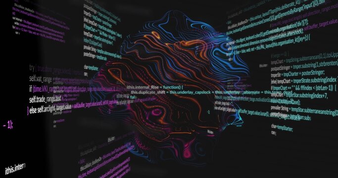 On play neon sculpture rotating while code panels sliding, scrolling forming face to show tech flow