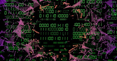 Vertical image: Central green binary matrix pulsing and drawing polygons framing for tech data © vectorfusionart