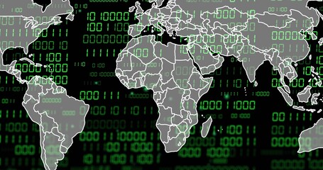 Gray map fading in, overlaying streaming binary code and mapping global tech data flows © vectorfusionart