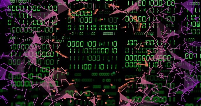 Vertical image: Central green binary matrix pulsing and drawing polygons framing for tech data