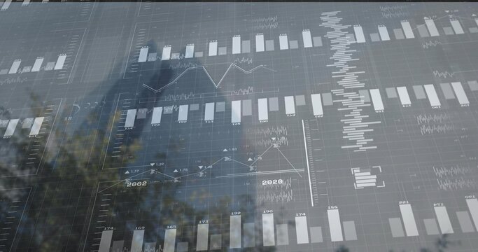 Glass tower holding thin finance charts, initial bar appearing causing graphs growing then receding