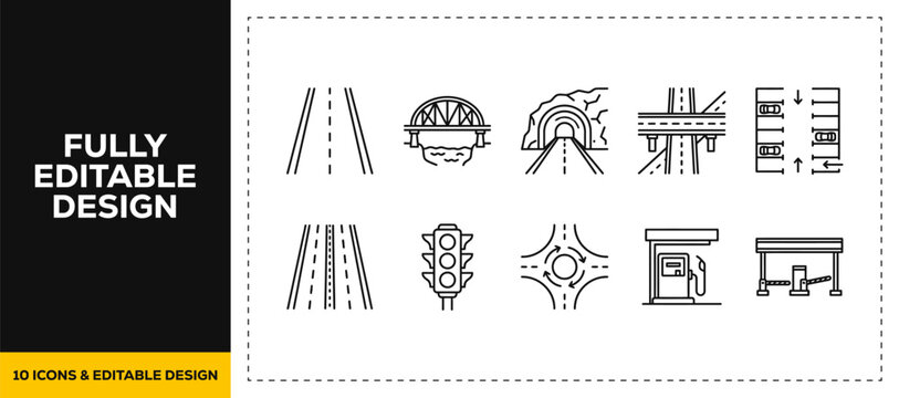 flat vector illustration line art icon bundle set design highlighting civil infrastructure highway roads traffic tunnels and overpass bridges graphics for web UI UX apps