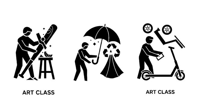 Black and white icons of art class activities and hobbies.