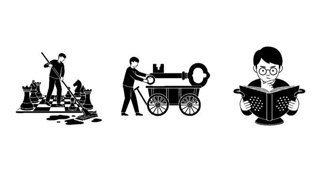 Illustrations of chess strategy key and reading concepts.