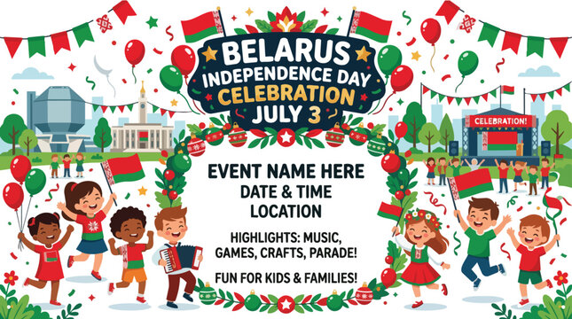 Belarus independence day celebration poster with kids and flags