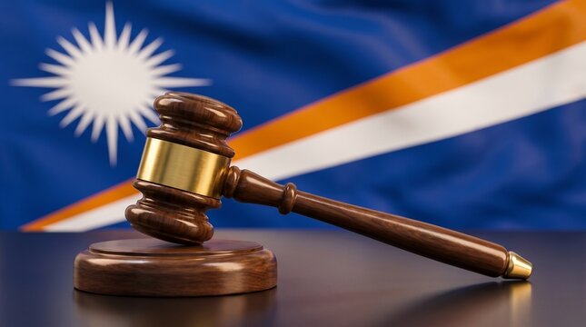 A wooden gavel with a brass band in front of the flag of the Marshall Islands, symbolizing law and justice.