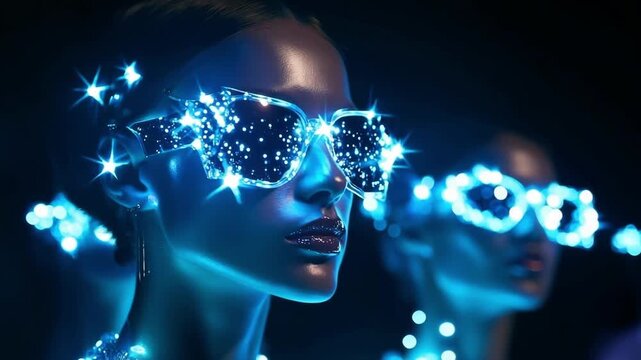 Futuristic woman wearing glowing blue LED sunglasses lit by vivid neon light, high tech fashion, cyber style, bold digital nightlife mood.