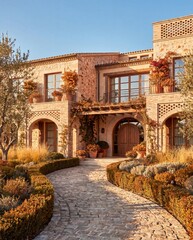 Fototapeta premium Upscale coastal resort courtyard with timeless stone architecture