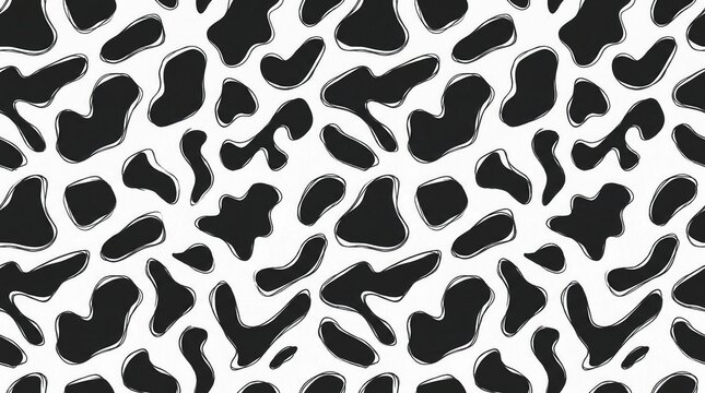 Seamless black and white spotted pattern resembling abstract cowhide with a hand drawn style