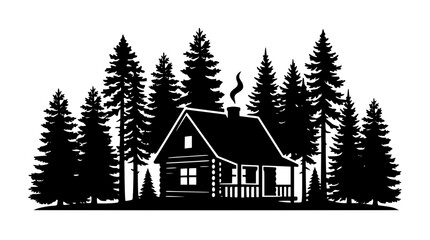 Obraz premium Cozy log cabin silhouette in a dense pine forest landscape