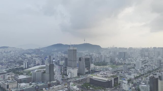 Aerial Drone View of Jongno Cityscape near Dongmyo Station and DDP Dongdaemun Design Plaza in Seoul, South Korea