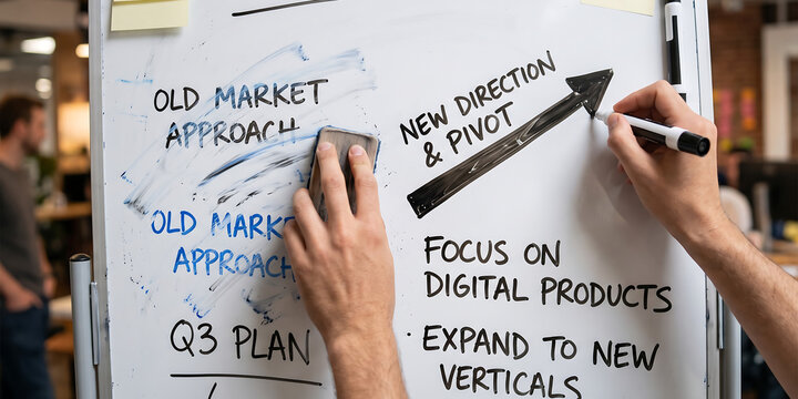 A person is erasing 'old market approach' from a whiteboard while writing 'new direction and pivot'.