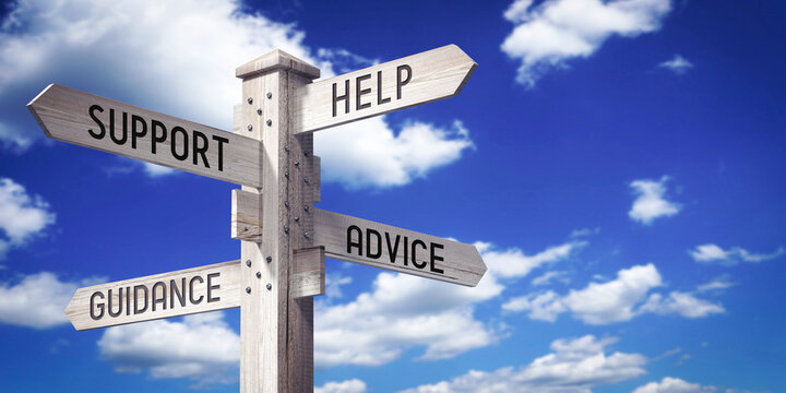 Help, Support, Advice, Guidance - wooden signpost with four arrows - 3D rendering