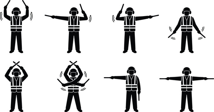 Airport Ground Marshall Signal Silhouette Set with Aircraft Guidance and Safety Hand Signals
