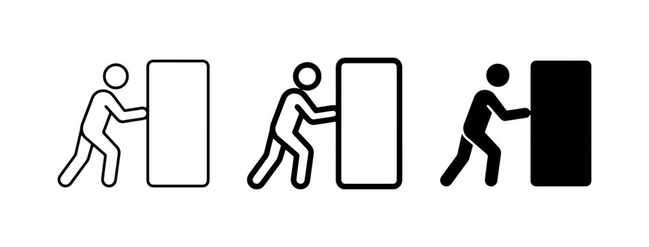 Pushing Icon Set, Person Moving Object, Effort and Force Vector Graphics, Business Concept