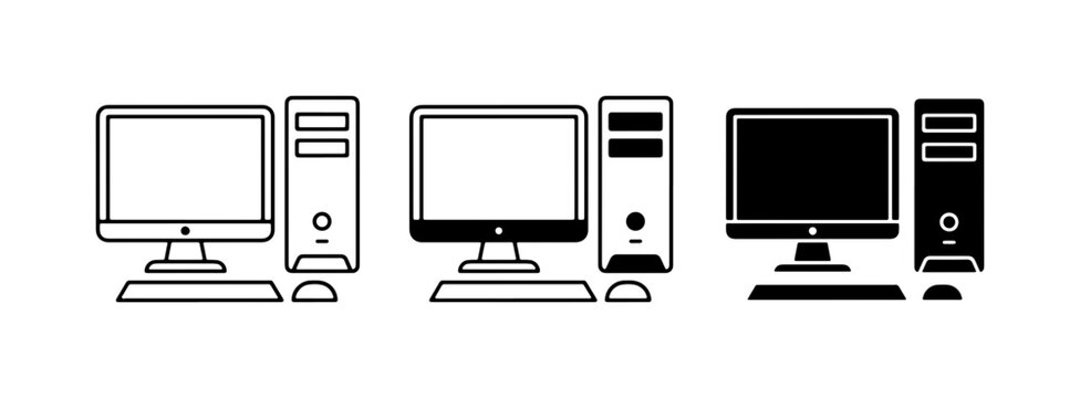 Desktop Computer Icons, Set of 3, Line Art and Solid Fill, Technology Graphics