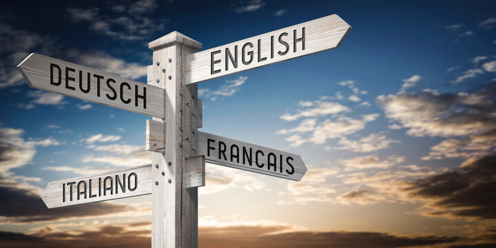 English, Deutsch, Francais, Italiano - wooden signpost with four arrows - 3D rendering