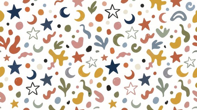 Seamless pattern with various hand drawn colorful abstract shapes, stars, moons, and dots