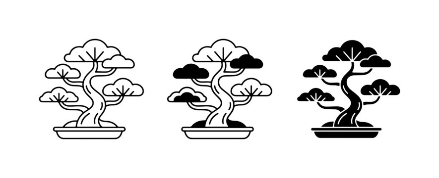 Bonsai Tree Icons, Miniature Plant Art, Japanese Garden Symbols, Black and White Vector Graphics