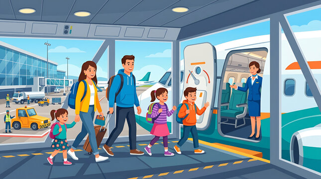 Joyful family embarks on an exciting airport journey, walking towards the airplane door ready for a memorable travel vacation adventure