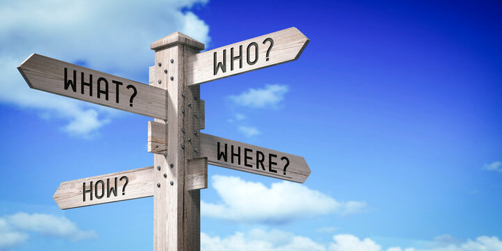 Who, What, Where, How - wooden signpost with four arrows - 3D rendering