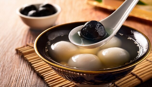 spoon lifting tangyuan or glutinous rice ball with black sesame filling from soup