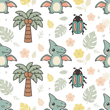 Cute dinosaurs and bugs seamless pattern
