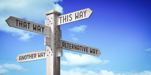 Fototapeta premium This way concept - wooden signpost with four arrows - 3D rendering