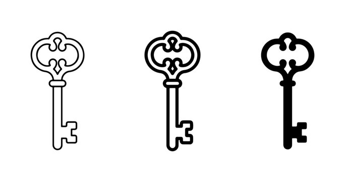 Ornate Vintage Skeleton Keys, Antique Access Symbols, Set of 3 Decorative Vector Icons