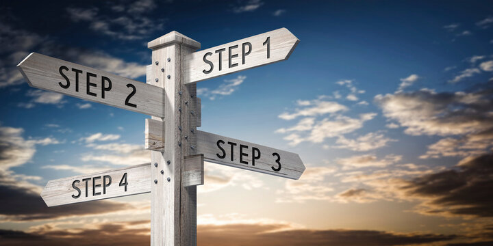 Step 1, 2, 3 and 4 - wooden signpost with four arrows - 3D rendering