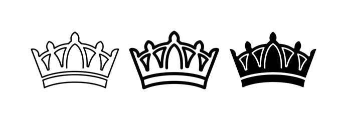 Royal crown icon set, black tiara vector silhouettes, elegant king and queen headwear for luxury branding and logos © Rokeya