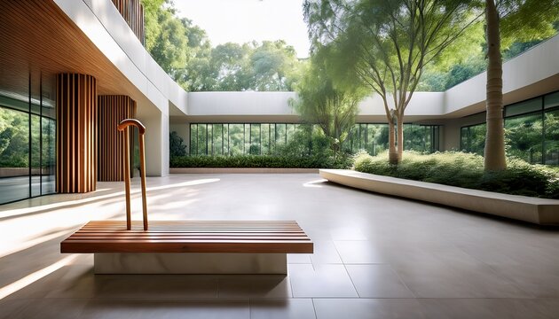 serene biophilic senior wellness center atrium architecture featuring a minimalist wooden walking cane on a stone bench representing premium healthcare infrastructure and active longevity design