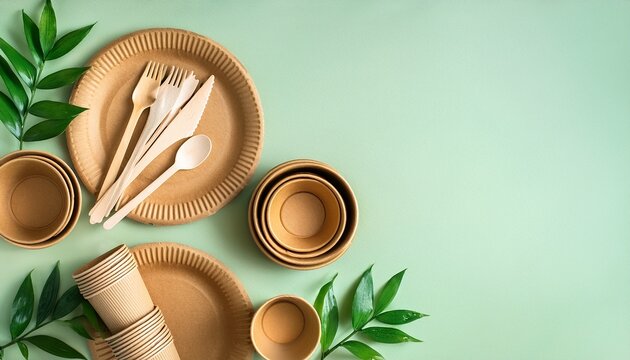 recycled tableware with green leaves top view zero waste eco friendly plastic free background flat lay