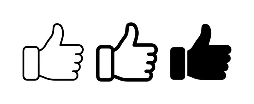 Thumbs up icon set, 3 black hand gesture symbols, social media like button vector, feedback and approval signs