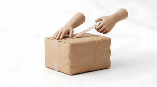 Faceless 3D Clay Hands Sealing E-Commerce Delivery Box with Tape on White Background