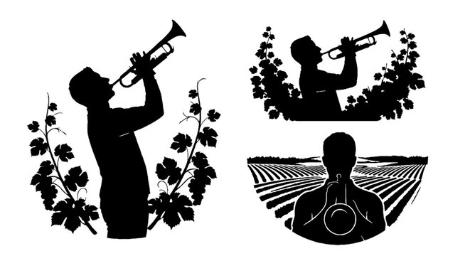 Silhouette of musicians playing trumpet and singing with plants.