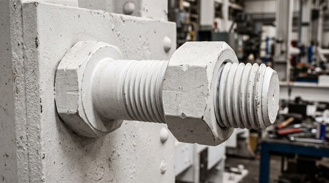 Industrial white bolt and nut firmly fastened to a robust metal beam in a manufacturing plant.