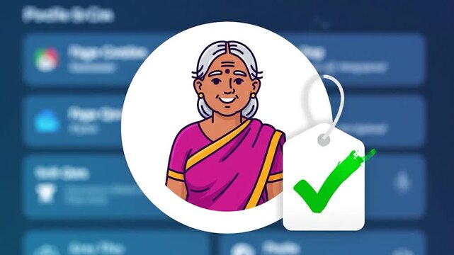Smiling senior Indian woman wearing a pink saree in a circle