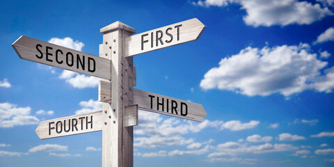 First, Second, Third, Fourth - wooden signpost with four arrows - 3D rendering © PX Media